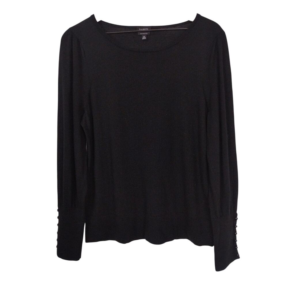 Talbot's XL Black 100% Merino Wool Crew Sweater Embellished Wrists